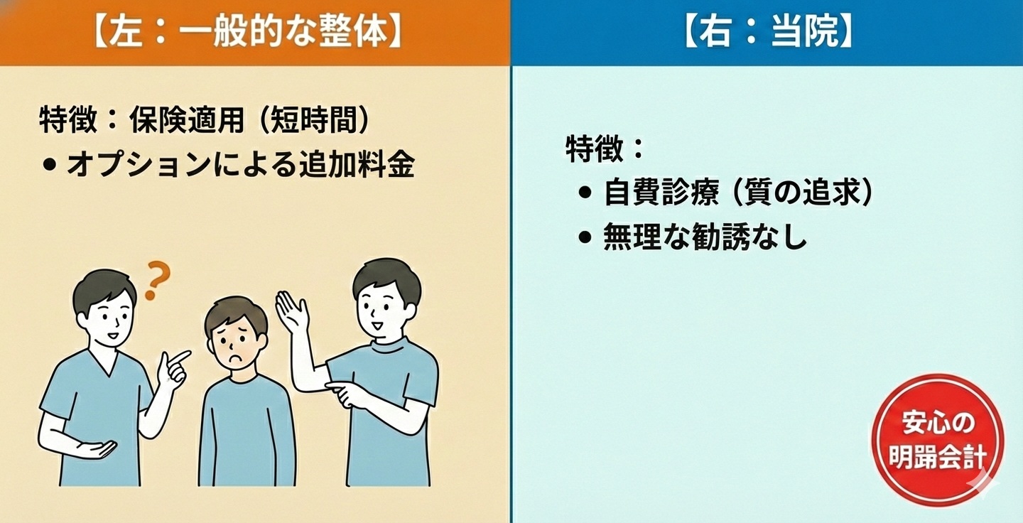 一般的な整骨院・整体は回数券を勧めて不必要に通わせたり、保険と自費治療を混同させて料金体系が不明瞭。当院は回数券はなく1回1回丁寧に症状が改善を目指し、自費のみで追加料金が一切かからない明瞭な料金体系
