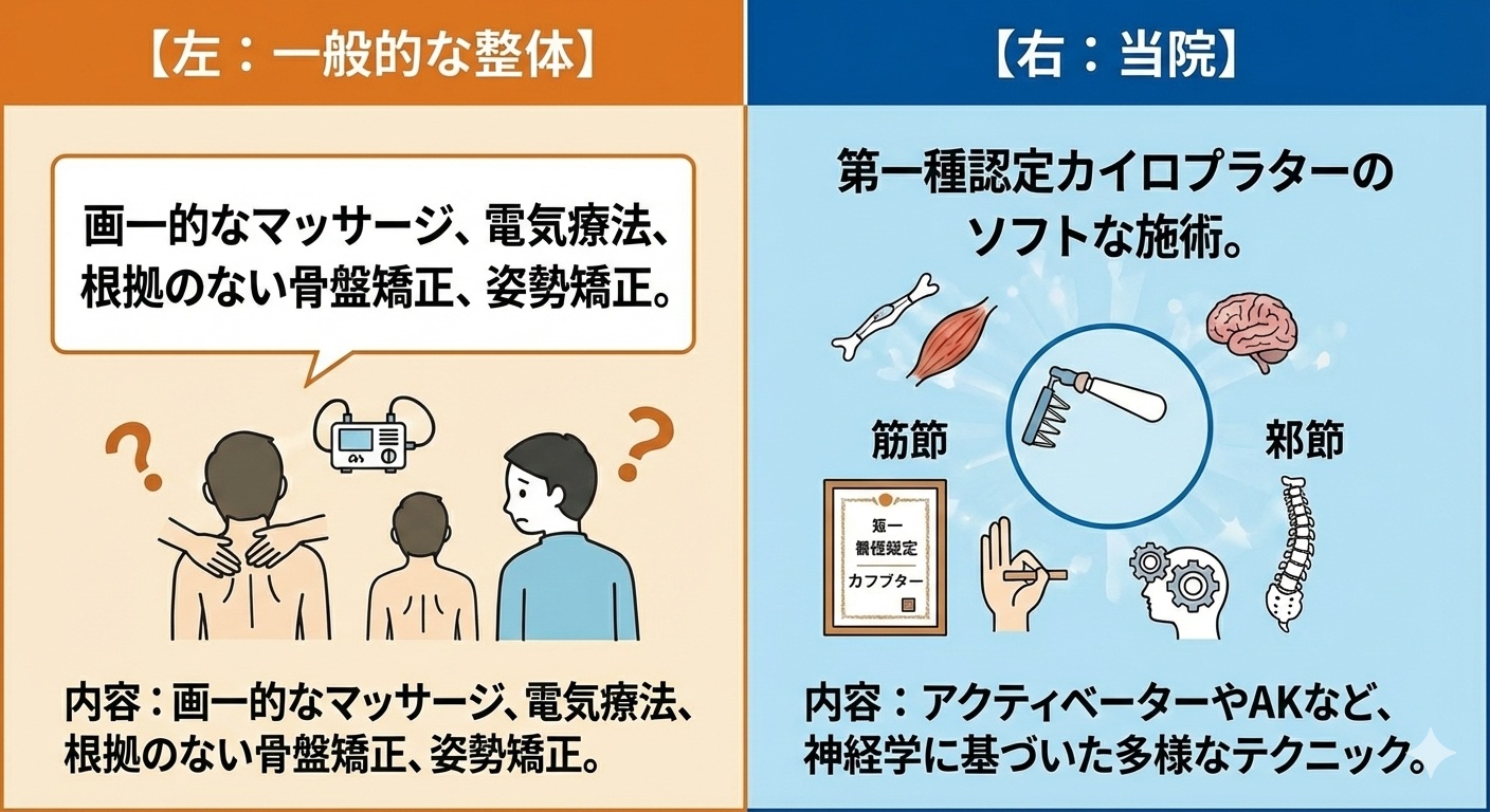 一般的な整骨院、整体は数日のセミナーで習得した施術が多く時間をかけて行うことで満足感を提供していることが多い。当院は数百時間のカイロプラクティック教育を受け三重県では数人しかいないカイロプラクティックの資格を保持し、15年以上の施術経験により頭蓋療法、内臓マニュピレーションなど豊富な熟練したテクニックを組合せ独自の手法かつオーダーメイド施術として提供